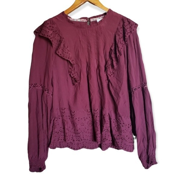 Knox Rose Tops - Knox Rose Burgundy Longsleeve Blouse Size Large Ruffle Eyelet Pleated